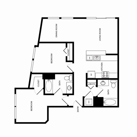 Floor plan for 2 beds, 2 baths, 1030 sqft
